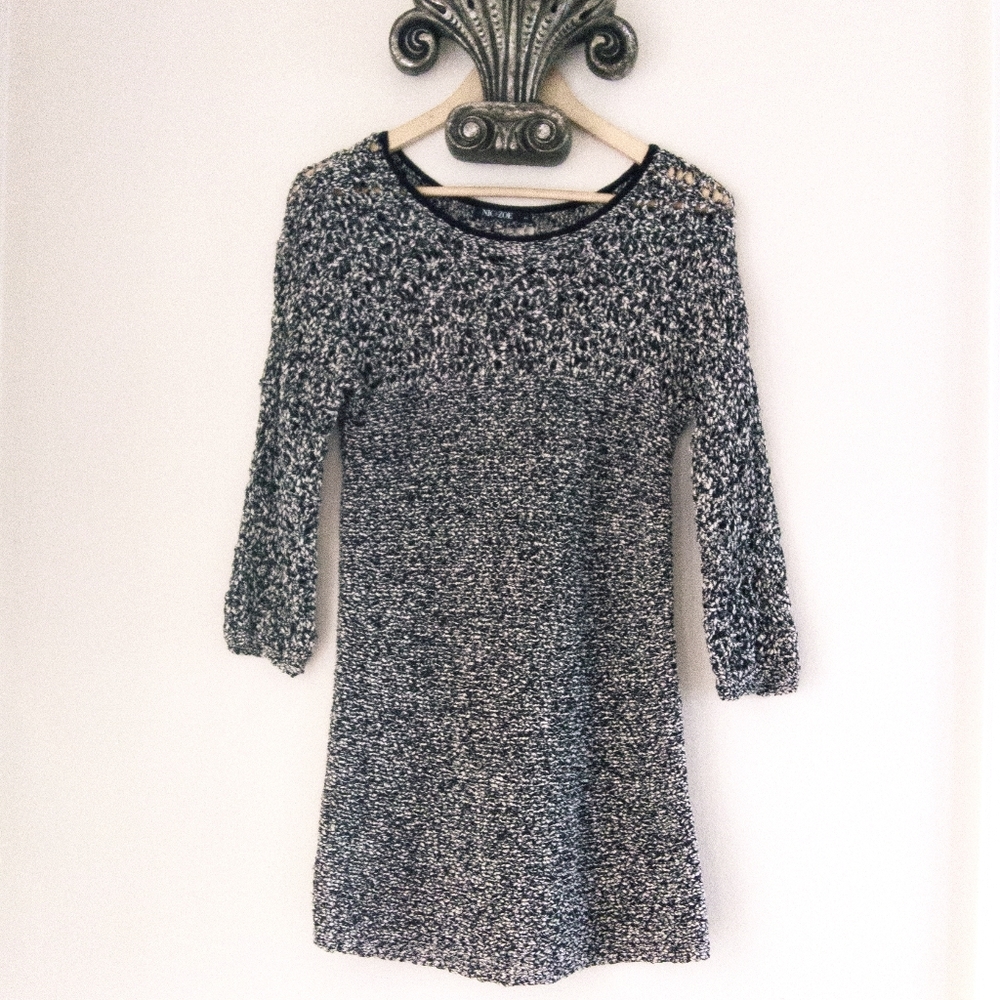 Nic & Zoe Open Knit Tunic Sweater Dress Size S Black Cream Marled Quiet Luxury